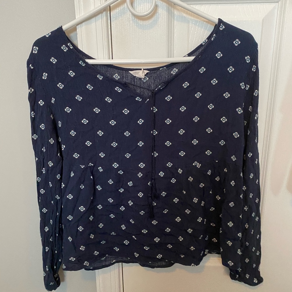 Blue flowered long-sleeve peasant top